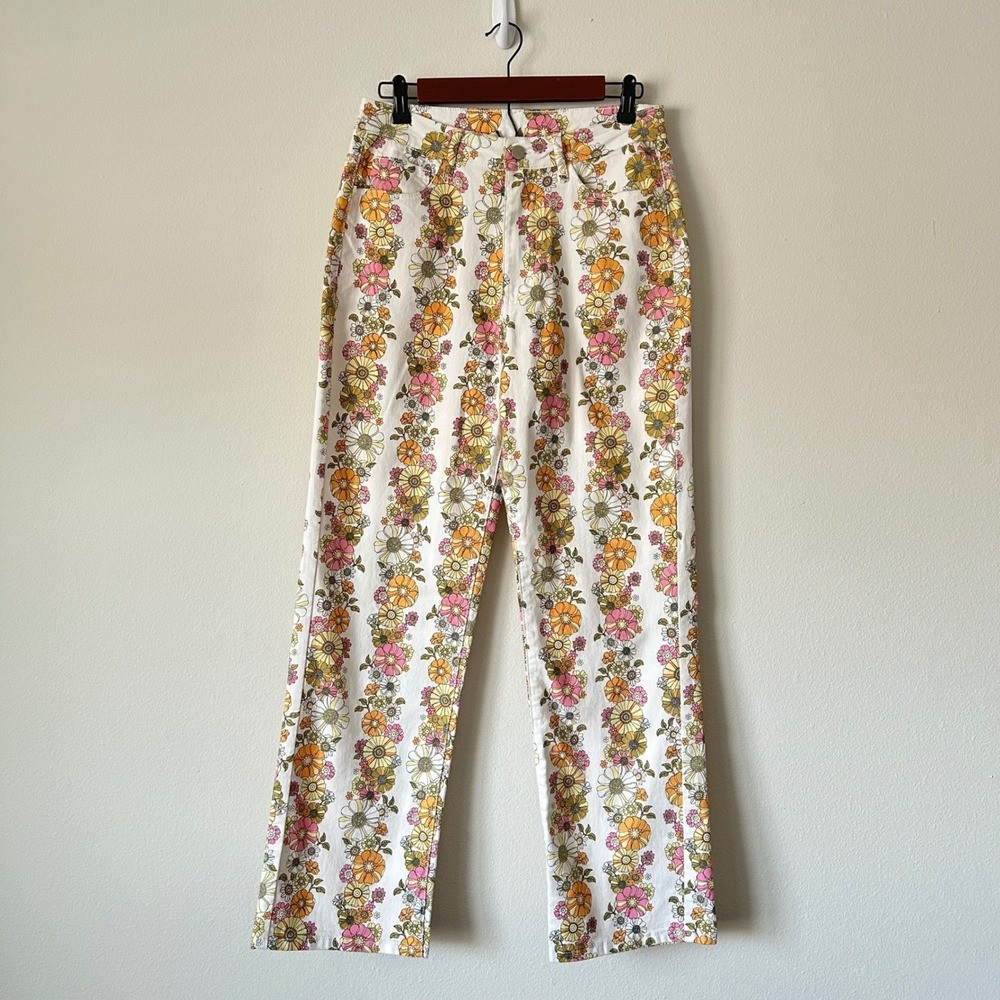 BaeVely Women's M 70s Floral High Waisted Straight Leg Jeans Coachella Festival